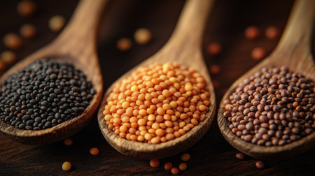 Close-up of black, yellow, and brown mustard seeds resting on wooden spoons, showing the diversity of this versatile spice. Ai generatedの素材