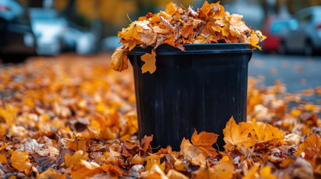 Overflowing black bucket filled with vibrant golden autumn leaves sits on a residential street, showcasing the beauty of fall. Ai generatedの素材