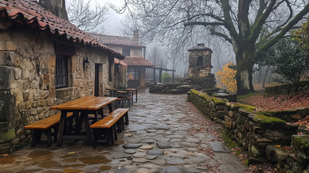 Cobblestone path leading to a charming restaurant in a foggy forest, creating a mysterious and inviting atmosphere. Ai generatedの素材