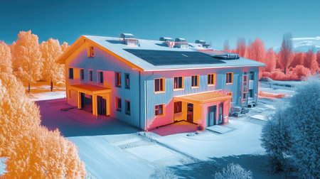 Infrared aerial view of a modern industrial building showcasing solar panels and hvac systems on the rooftop, surrounded by trees. Ai generatedの素材
