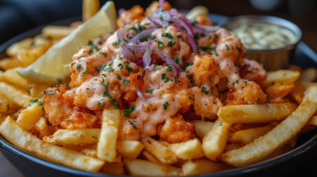 Close-up of seasoned french fries topped with crispy popcorn shrimp, red onions, a lime wedge, and fresh parsley. Ai generatedの素材