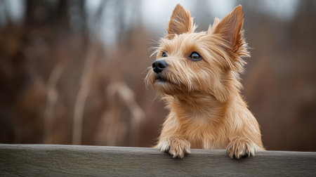 Adorable norfolk terrier puppy with paws on fence looking up with curiosity in natural outdoor setting. Ai generatedの素材