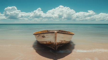 Small wooden boat resting on the shore of a tropical beach with calm sea water and cloudy sky in the background. Ai generatedの素材