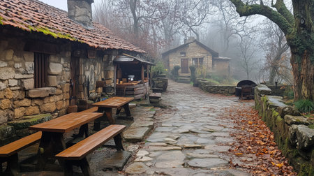 Cobblestone path leading through traditional Bulgarian houses in Etar museum on a foggy autumn day. Ai generatedの素材