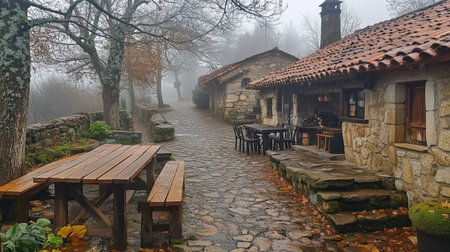 Charming cobblestone pathway leading through a tranquil village with traditional stone houses, enveloped in a mystical fog during autumn. Ai generatedの素材