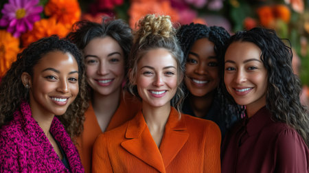 Five diverse businesswomen smiling together in front of colorful flowers celebrating international women's day. Ai generatedの素材