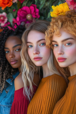 Three diverse fashion models celebrating international women's day with colorful flowers. Ai generatedの素材