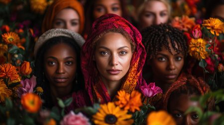 Group of diverse women surrounded by colorful flowers, celebrating international women's day. Ai generatedの素材