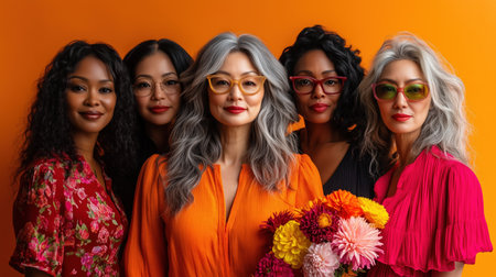 Five diverse women holding a bouquet of flowers celebrating international women's day. Ai generatedの素材