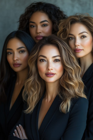 Four diverse businesswomen in elegant black suits stand together, exuding confidence and professionalism for international women's day. Ai generatedの素材
