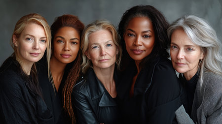 Five women of different ethnicities and ages are posing together, celebrating diversity and female empowerment. Ai generatedの素材