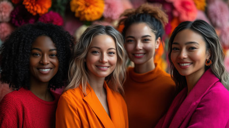 Four diverse businesswomen smiling together in front of colorful flowers celebrating international women's day. Ai generatedの素材