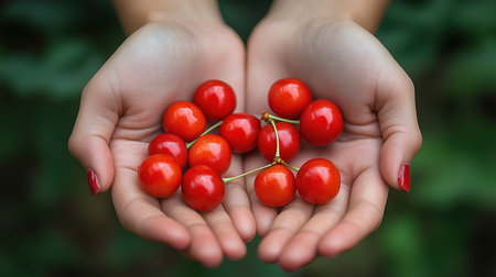 Woman presenting a handful of freshly picked, ripe, red cherries in her open hands. Ai generatedの素材
