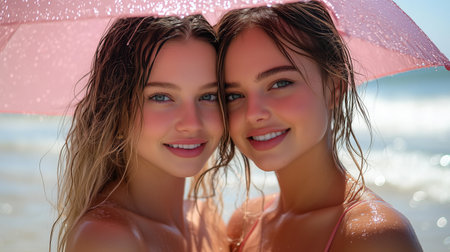 Two beautiful female models smiling under a pink umbrella at the beach. Ai generatedの素材