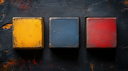 Yellow, blue and red painted wooden cubes lying on a dark textured surface, creating a vibrant contrast. Ai generatedの素材