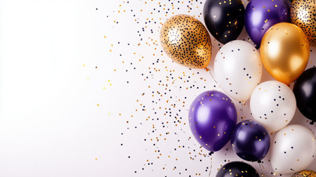 Vibrant balloons in gold, purple, black, and white floating amidst scattered confetti, setting a celebratory mood. Ai generatedの素材