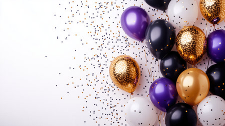 Colorful balloons and confetti creating a celebratory atmosphere, perfect for party or festive event. Ai generatedの素材