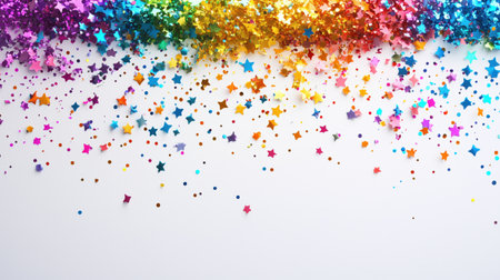 Rainbow colored confetti and star shaped glitter creating a festive atmosphere on white background. Ai generatedの素材