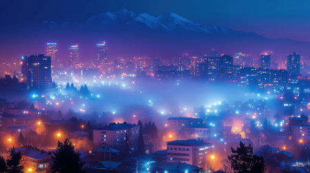 Night city lights are creating a magical atmosphere with fog and snowy mountains in the background. Ai generatedの素材