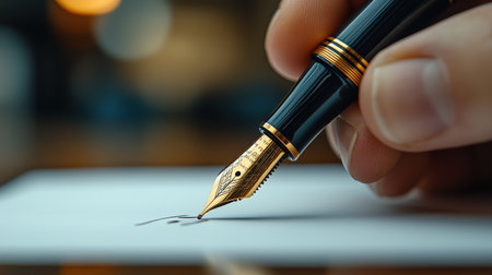 Writer using elegant fountain pen writing on paper document. Ai generatedの素材