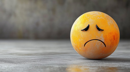 Orange sphere with sad face expressing negative emotions, placed on a gray surface. Ai generatedの素材