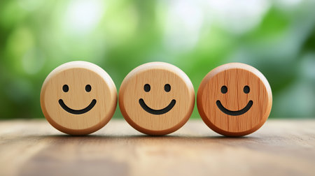 Excellent customer service rating represented by three smiling wooden balls on a desk with a green bokeh background. Ai generatedの素材