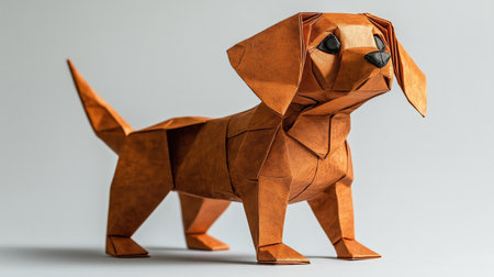 Brown origami dog standing on a white background, showing the art of paper folding. Ai generatedの素材