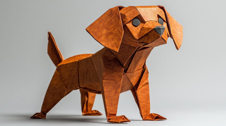 Brown origami dog standing on a white background, showing the art of paper folding. Ai generatedの素材