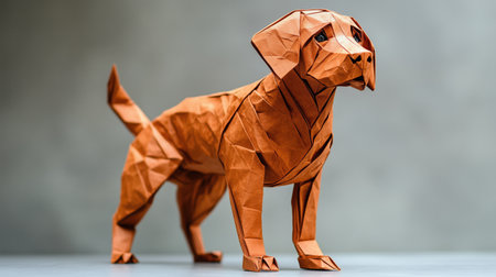 Brown origami dog standing and looking up on a gray background. Ai generatedの素材