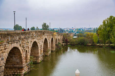 Roman bridge of Merida over a river with a lot of vegetation on its banks