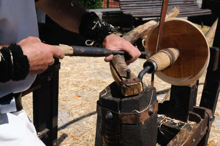 Manufacturing bowl lathe with birch wood  " Astur-Roman Festival of  La Carisa "  CARABANZO  Asturias SPAIN.のeditorial素材