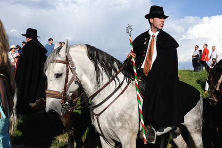 SPAIN. Castilla-La Mancha. Guadalajara. ATIENZA;  Feast  LA CABALLADA . "  Brotherhood of the mule drivers"  Brotherhood  with a cane or staff on horseback.のeditorial素材