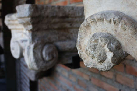 Ionic Capital of the Lodge  . Renaissance (  Plateresque )  " Weapons Court - ARCHBISHOPS PALACE  "  belonging to the ANTIQUARIUM - Wall of  ALCALA DE HENARES ( 13 th ). Community of Madrid .SPAIN のeditorial素材
