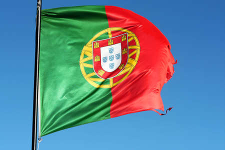 Portuguese national flag blown and torn by the strong sea wind with blue sky as backgroung の写真素材