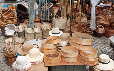 Hats and basketry in a fair shopの写真素材