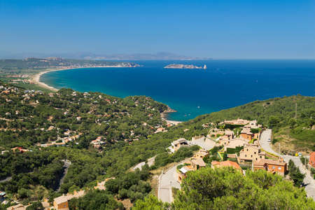 Aerial view of Begur and L` Estartit coast line with the extensive areal beach on the bay which limited by Medes Island in catalonia, Spainの写真素材