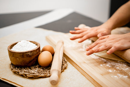 Close up of Pasta and Hands making home made Italian Pastaの写真素材