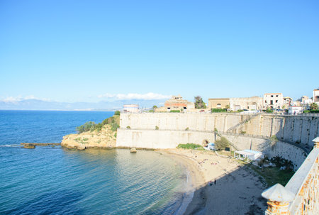 Image of wonderful seaport along ancient and touristic town hill in italyの写真素材