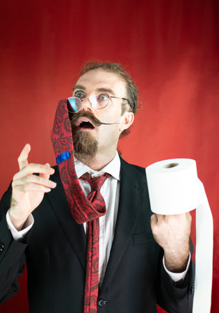 Funny man with glasses, red tie on his head and toilet paper in hand looking upの写真素材