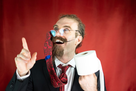 Happy man with glasses, red tie on his head and toilet paper in hand looking upの写真素材