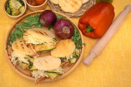 Traditional Arepas originating in Latin America, tasty stuffed corn doughの写真素材