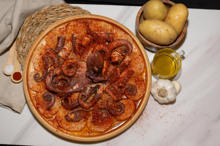 Octopus Typical Spanish dish served with paprika, salt, potatoes and olive oilの写真素材