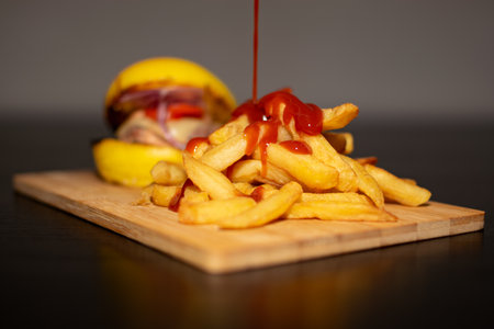 Yellow Burger with ketchup falling on top of French Fries on wooden boardの写真素材