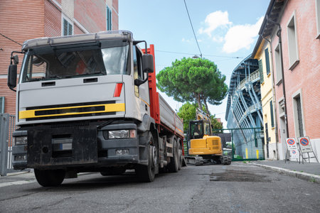 Construction Area with truck and excavator deployedの写真素材