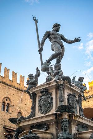 Piazza del Nettuno square in Bologna, Emilia-Romagna, Italyの写真素材
