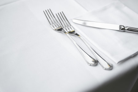 Close up view of cutlery, tablecloth and napkin from Elegant Restaurant tableの写真素材