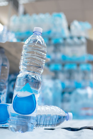 Water bottles stored on supermarket shelves for sale and consumptionの写真素材