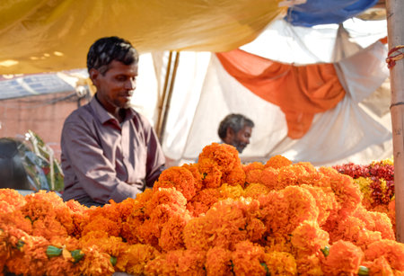 Florist seller at flower market smiling with orange flowers in Indiaの写真素材