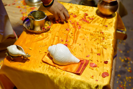 Top view Objects of Aarti ceremony used by Pujaris on Ganges on golden tableの写真素材