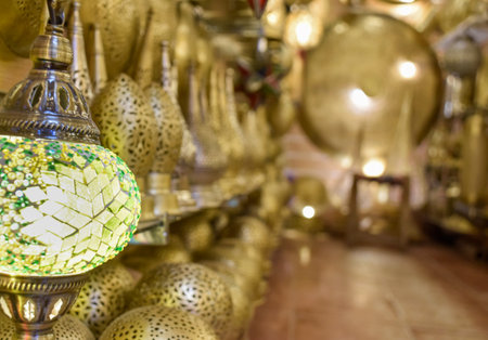 Beautiful shop of Arabic style lamps illuminated at Marrakechの写真素材